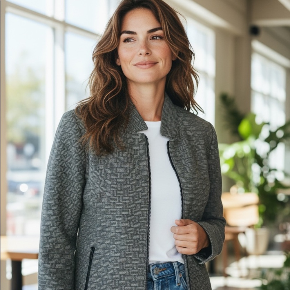 Nina McLemore basket weave black gray jacket blazer 8